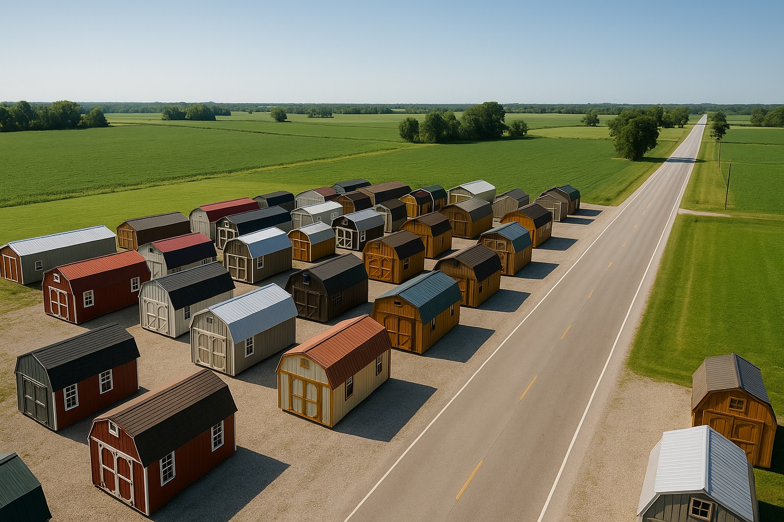 Aerial view of a shed sales lot beside a rural highway, rows of colorful portable sheds and barns