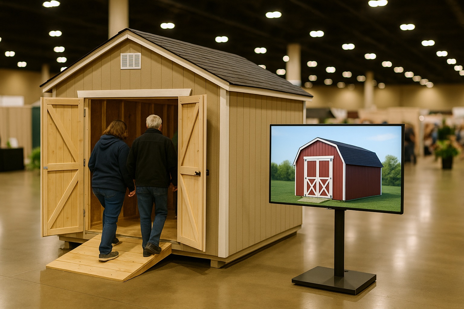 Display shed at a home show with visitors walking inside and a screen showing a 3D barn shed beside it