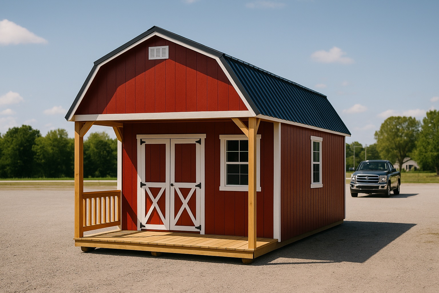 Red barn-style shed with a covered front porch on a display lot, a pickup truck pulling in behind it