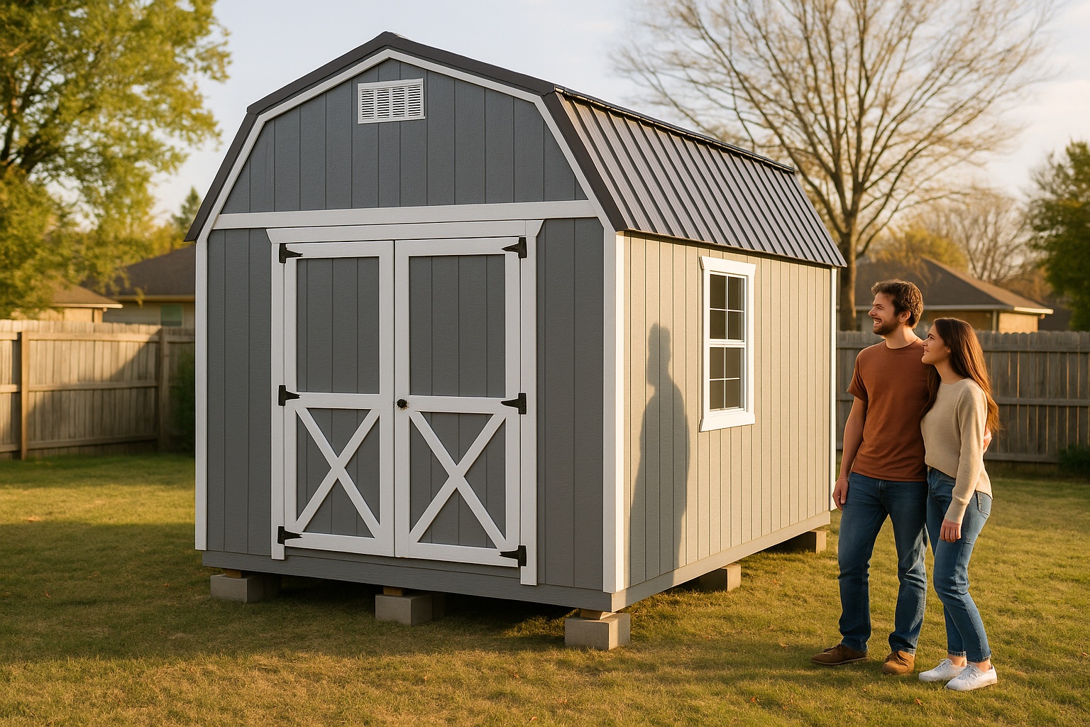 Gray lofted barn shed with white trim newly delivered to a suburban backyard, a couple standing beside it