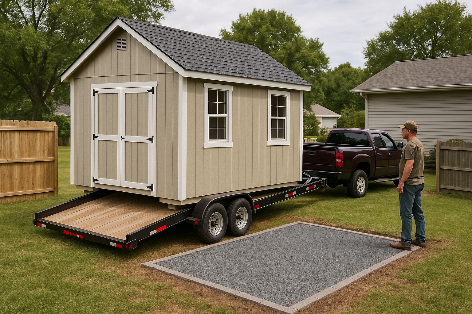 Portable shed on a tilt-bed trailer in a backyard next to a prepared gravel pad, the delivery driver watching