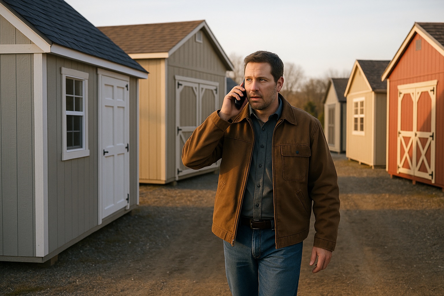 Shed salesperson talking on a phone while walking between display sheds on a sales lot