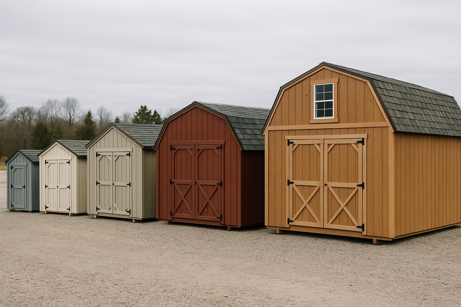 Row of portable storage sheds on a gravel sales lot, from a small utility shed to a large lofted barn