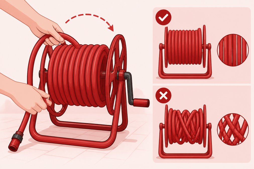 Hands demonstrating proper hose coiling technique on a freestanding hose reel, showing smooth, even loops without kinks or tangles