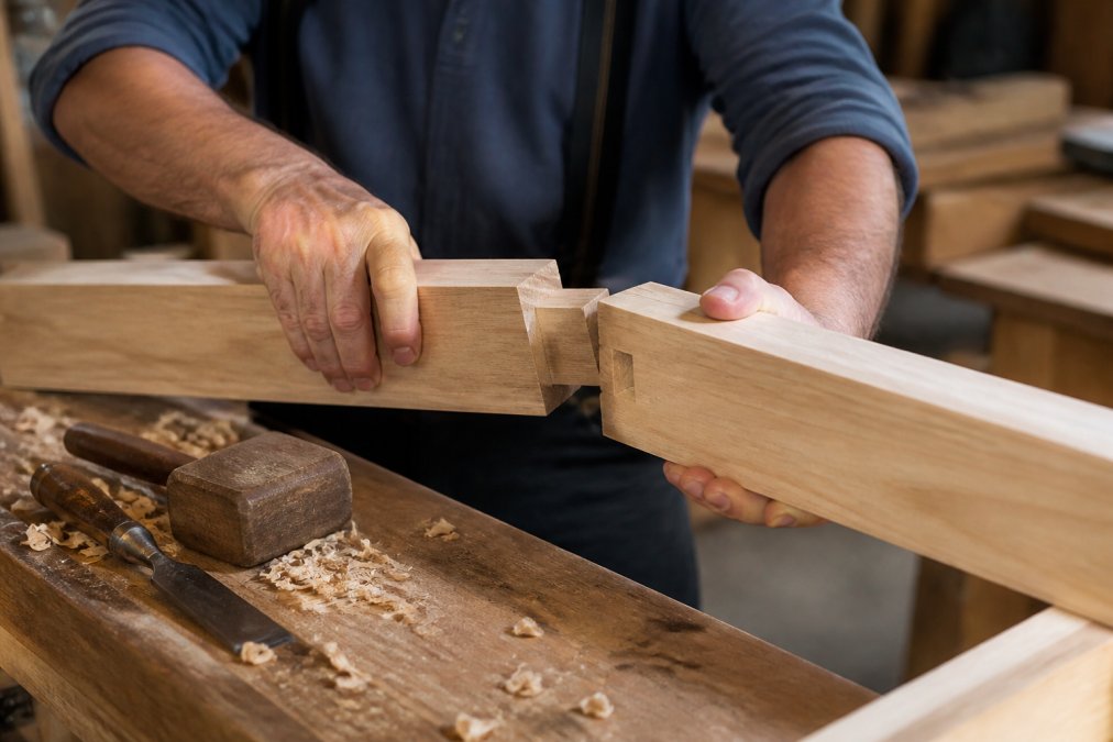 Close-up of Amish craftsman's hands carefully fitting wooden joints together with precision hand tools in a workshop, showing detailed chisel work and the tight fit of traditional mortise and tenon joinery