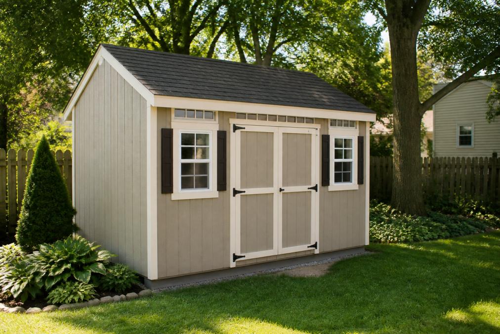 A finished Amish-built shed standing in a residential backyard in Chester County showing quality wooden construction, proper siding, and clean lines demonstrating durability and craftsmanship