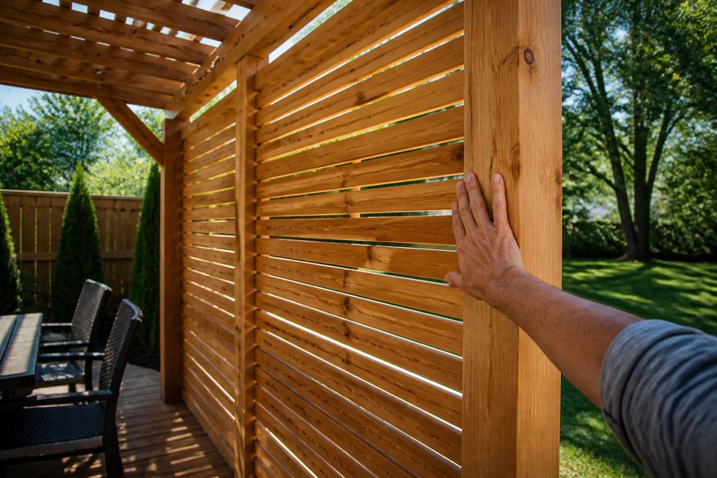 Backyard pergola with horizontal wooden slat privacy screens installed on one side, natural cedar color with afternoon sunlight filtering through gaps, homeowner's hand visible touching the wood frame