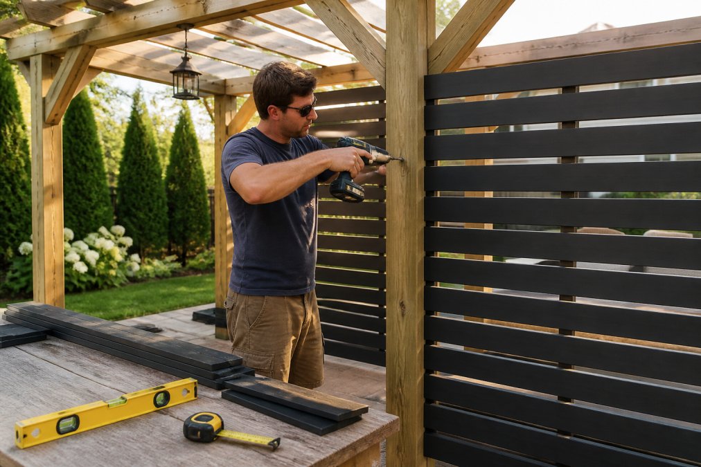 Homeowner using a power drill to attach privacy panels to pergola frame, measuring tape and level visible on workbench nearby, afternoon sunlight in residential backyard
