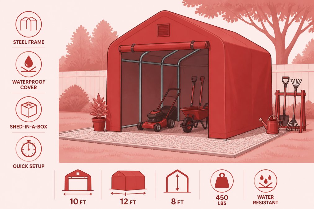 Residential backyard with a fabric shed-in-a-box structure set up on a gravel pad, showing the steel frame and waterproof cover in place, with garden tools visible nearby and mature trees in background