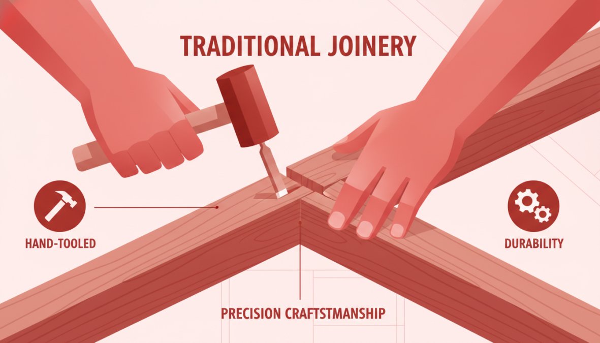 Close-up of skilled craftsman's hands working on wooden shed framing, showing traditional joinery and attention to detail in natural workshop lighting