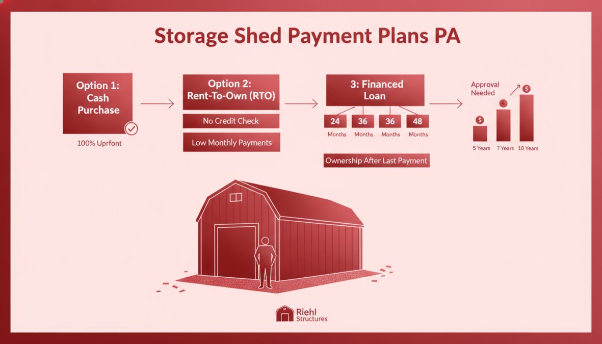 Homeowner standing in front of a newly installed Amish-built shed on their property, showing the completed structure in a residential backyard setting with site preparation visible and landscaping around the base