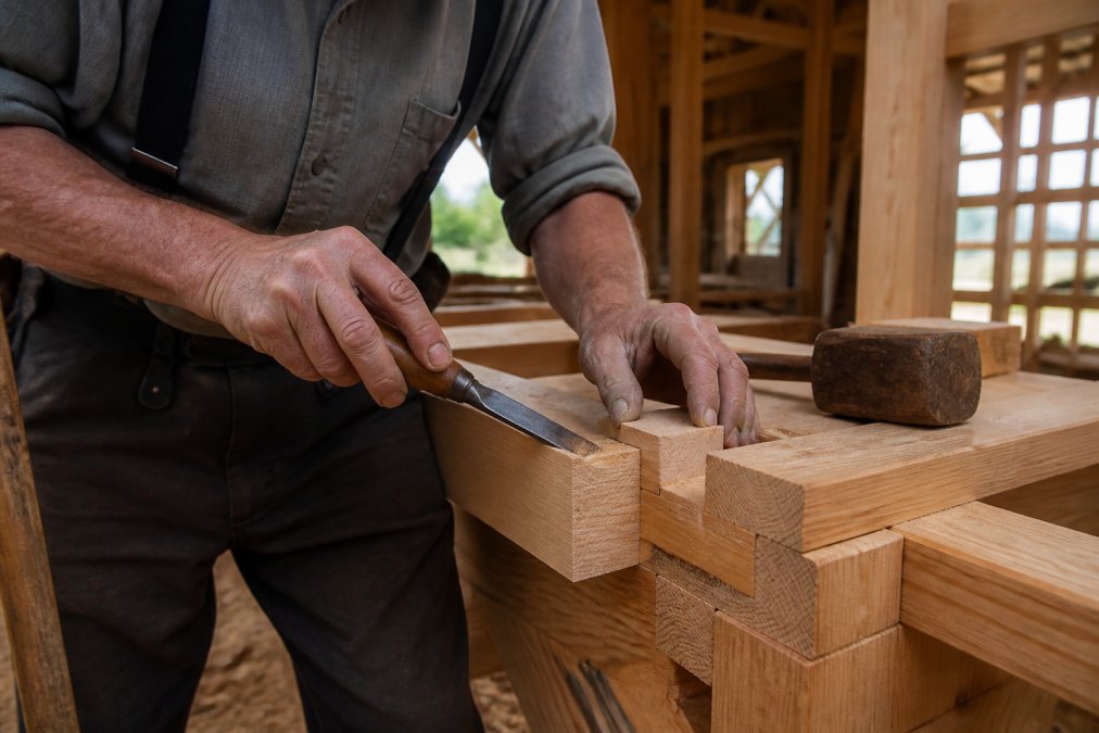 Amish craftsman's weathered hands working on wooden shed framing with traditional hand tools, showing detailed joinery and wooden joints in natural workshop lighting
