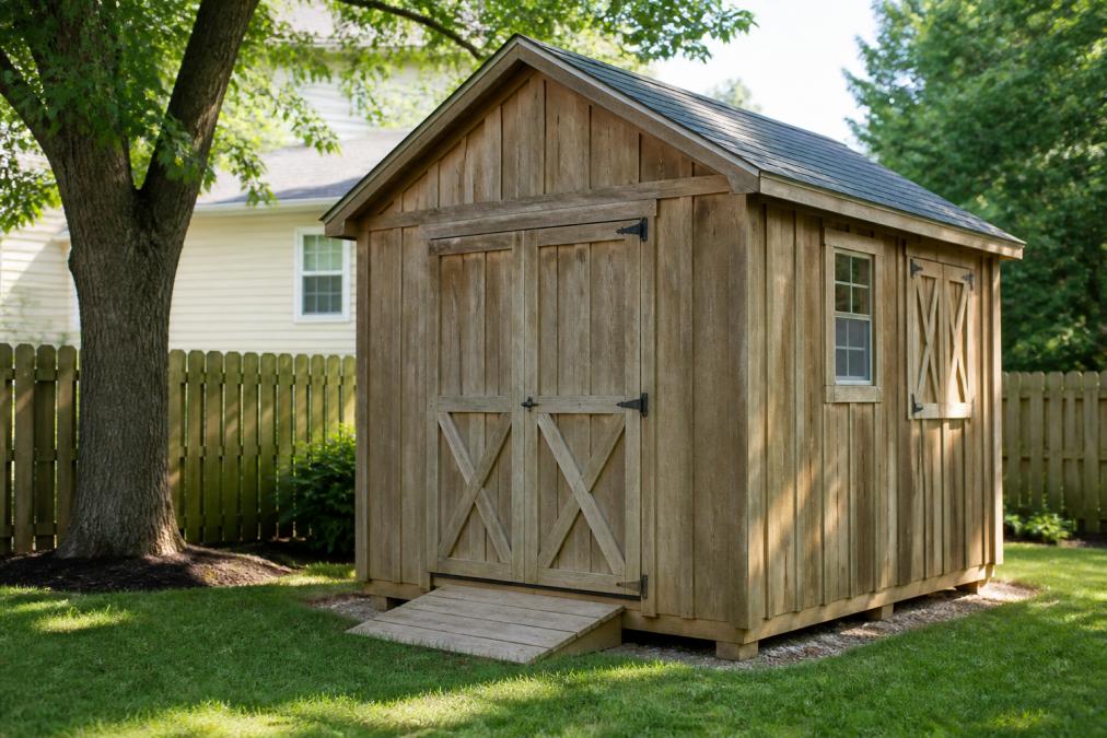 Well-maintained wooden shed standing in residential backyard after several years of use, showing weathered but structurally sound exterior with mature trees nearby and afternoon sunlight
