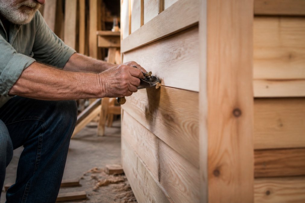 Skilled craftsperson's hands carefully finishing wooden shed siding with hand tools, showing traditional joinery and wood grain detail in natural workshop lighting