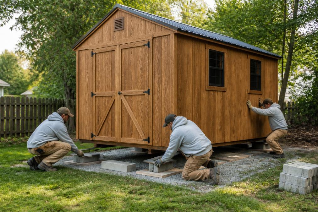 Professional delivery crew carefully positioning a wooden shed on residential property with proper foundation materials visible, showing site preparation and leveling in progress