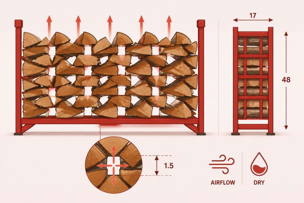 Rows of firewood logs stacked in a crisscross pattern on a metal rack, with visible gaps between each log allowing light to pass through the stack, showing proper ventilation spacing