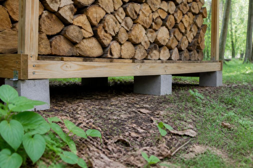 A firewood rack elevated on concrete blocks with clear space visible underneath, showing the gap between the ground and the bottom logs that prevents rodent access