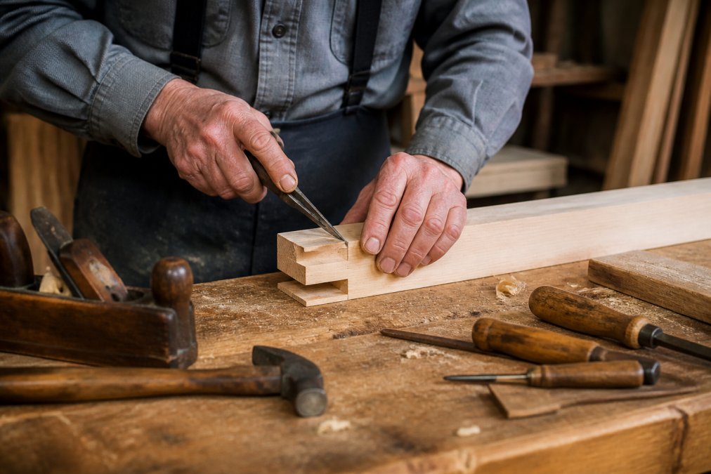 Craftsman's weathered hands carefully measuring and cutting wood joinery for a shed frame using traditional hand tools and a wooden workbench