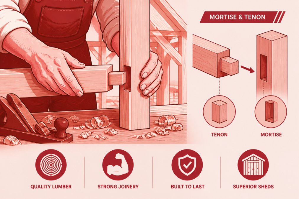 Craftsman's hands carefully fitting wooden mortise and tenon joints on a shed frame, showing the precision of traditional joinery with wood shavings visible on the workbench in natural workshop lighting