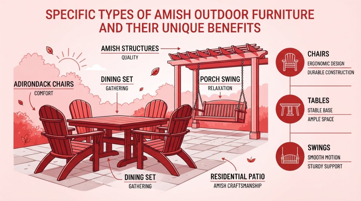 Well-maintained Amish-built outdoor furniture set on a residential patio, showing a dining table with Adirondack chairs and a swing in the background, demonstrating different furniture types in a natural backyard setting