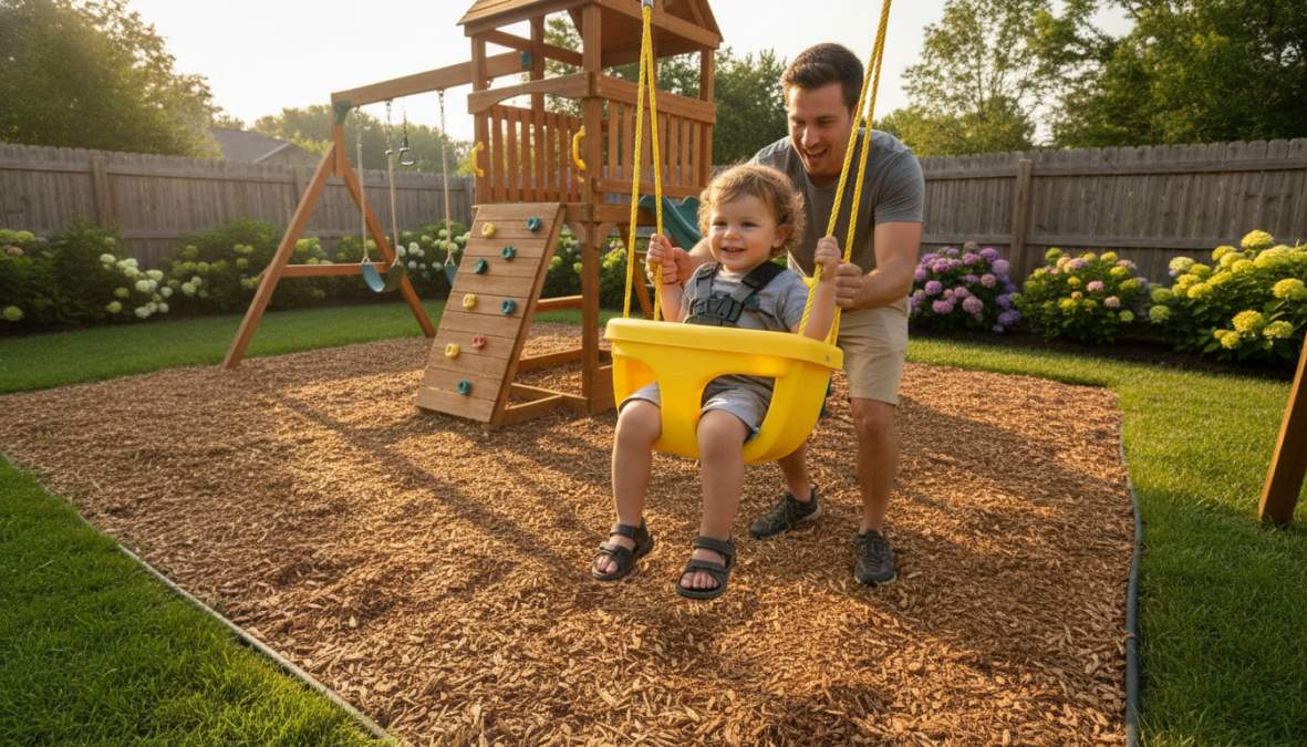 Young toddler securely seated in a high-back bucket swing with bright primary colors, smiling while being gently pushed by a parent in a sunny backyard with green grass and shade trees