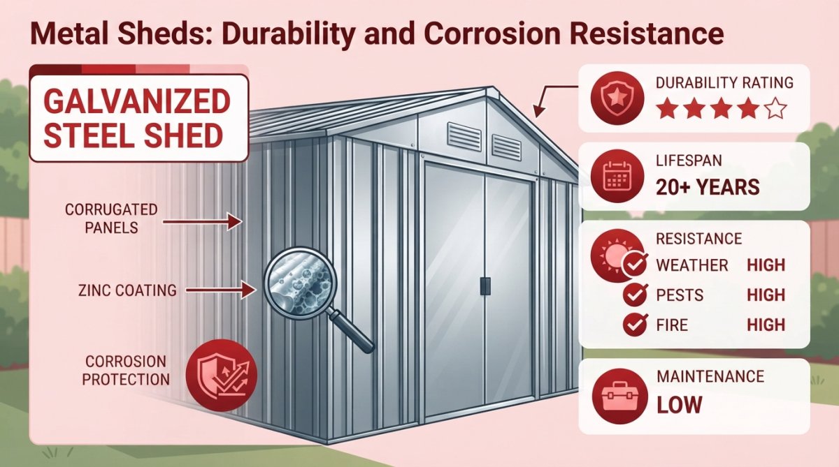Close-up view of a galvanized steel shed exterior showing the metallic finish and structural corrugated panels in a residential backyard setting with afternoon sunlight