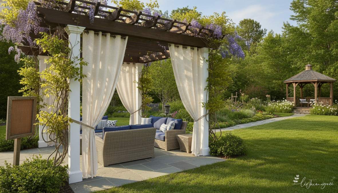 A beautiful backyard pergola with flowing outdoor curtains and climbing vines creating dappled shade on a sunny summer afternoon, with comfortable seating underneath