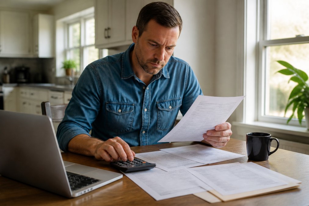 Homeowner at kitchen table reviewing financing documents with laptop and calculator, natural light from window, papers spread out showing different loan options and terms