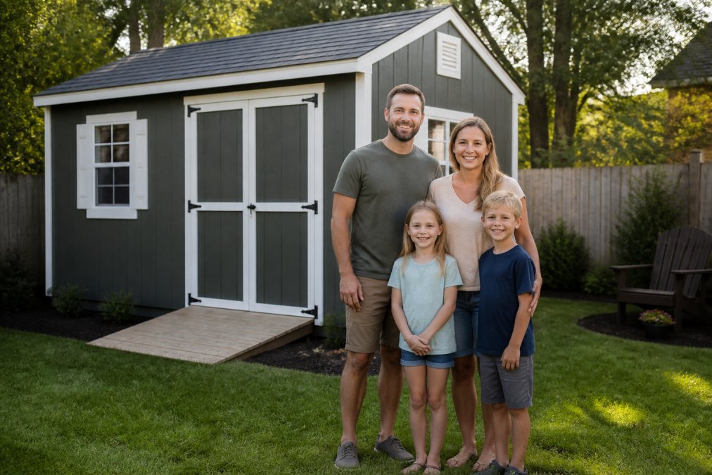 Family standing in front of newly installed Amish-built shed in backyard, smiling and satisfied, natural afternoon light, well-maintained yard visible
