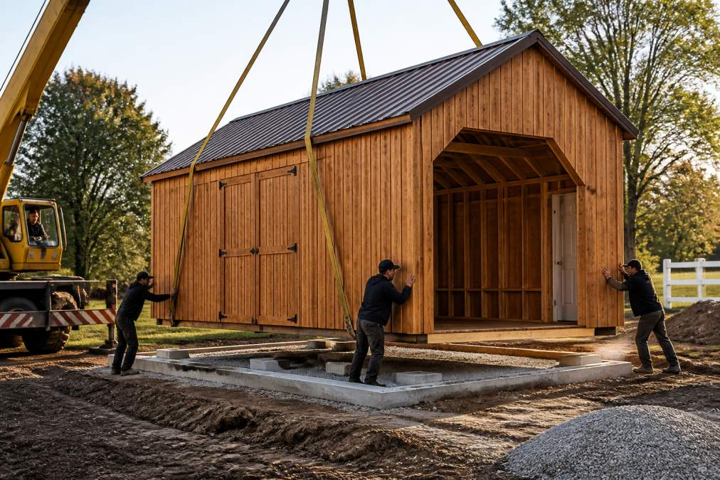 Professional installation crew carefully positioning a newly delivered Amish-built wooden garage structure onto concrete foundation pads, using equipment to guide the structure into place, afternoon sunlight