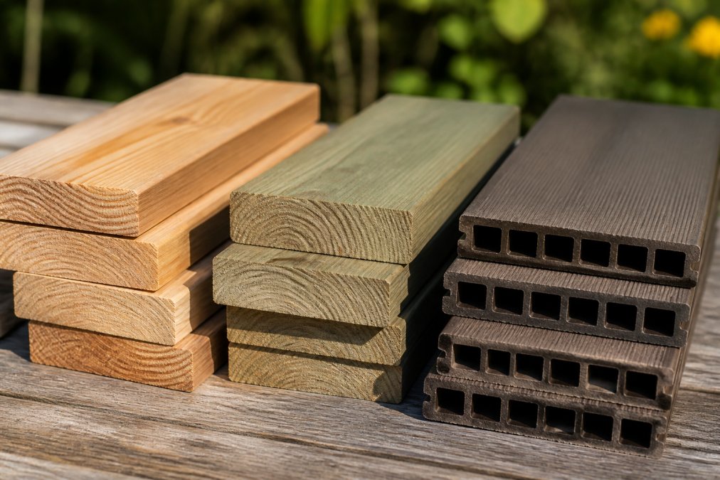 Close-up of different wood material samples stacked together showing texture and color variations of cedar, pressure-treated lumber, and composite decking in natural sunlight