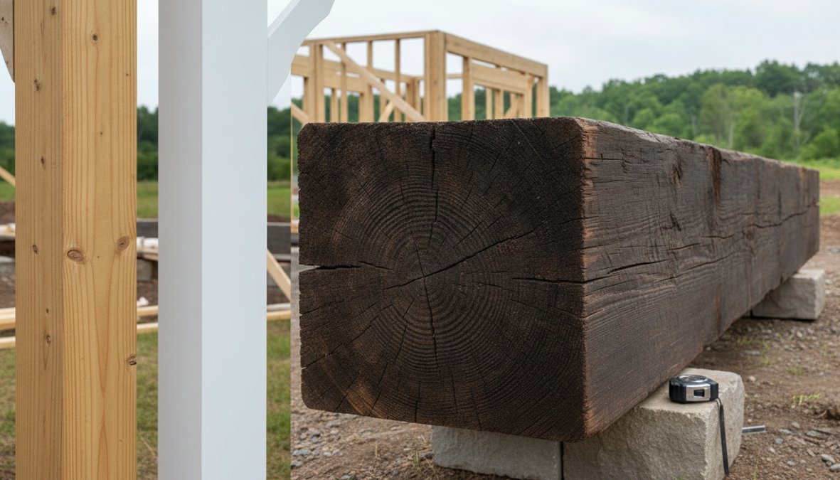 Close-up detail shots of different wood materials and finishes, pressure-treated lumber, cedar planks, and vinyl siding samples arranged side by side in natural light