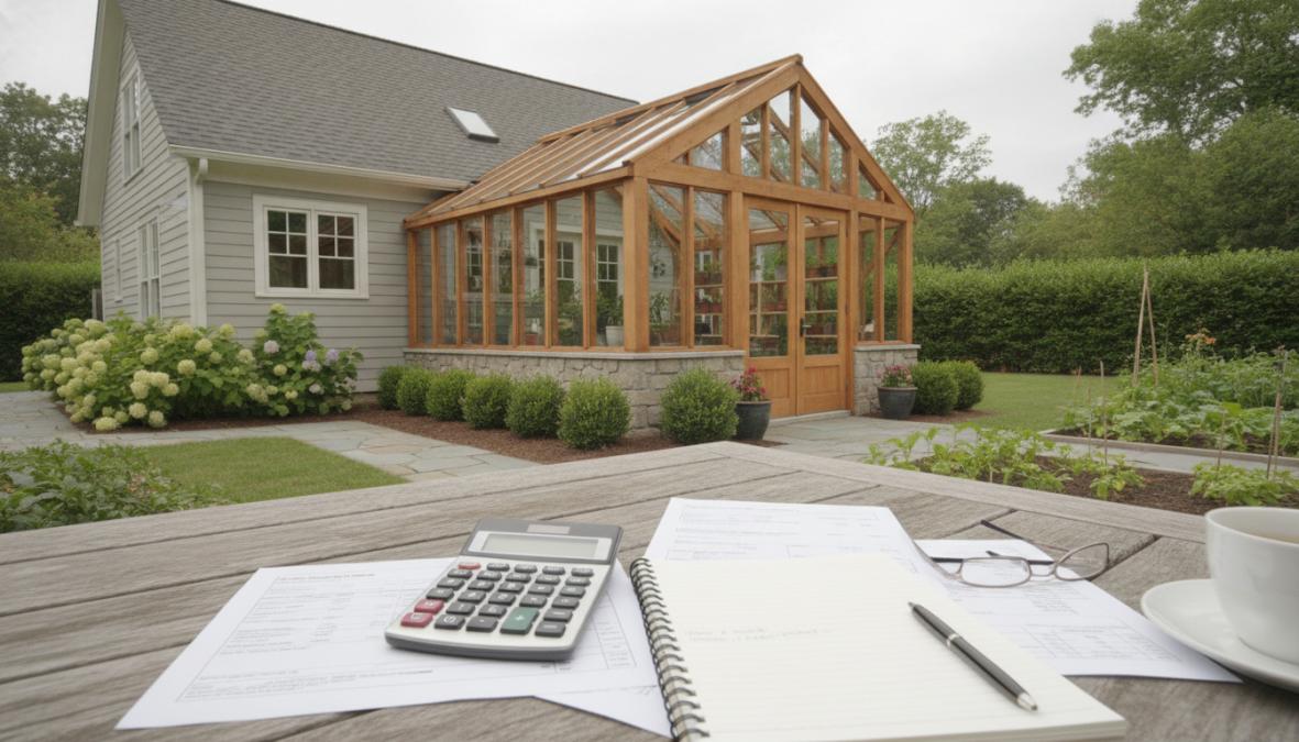 A beautiful custom backyard greenhouse with wooden framing and glass panels attached to a residential home, morning sunlight streaming through glass walls, lush plants visible inside, manicured garden surroundings