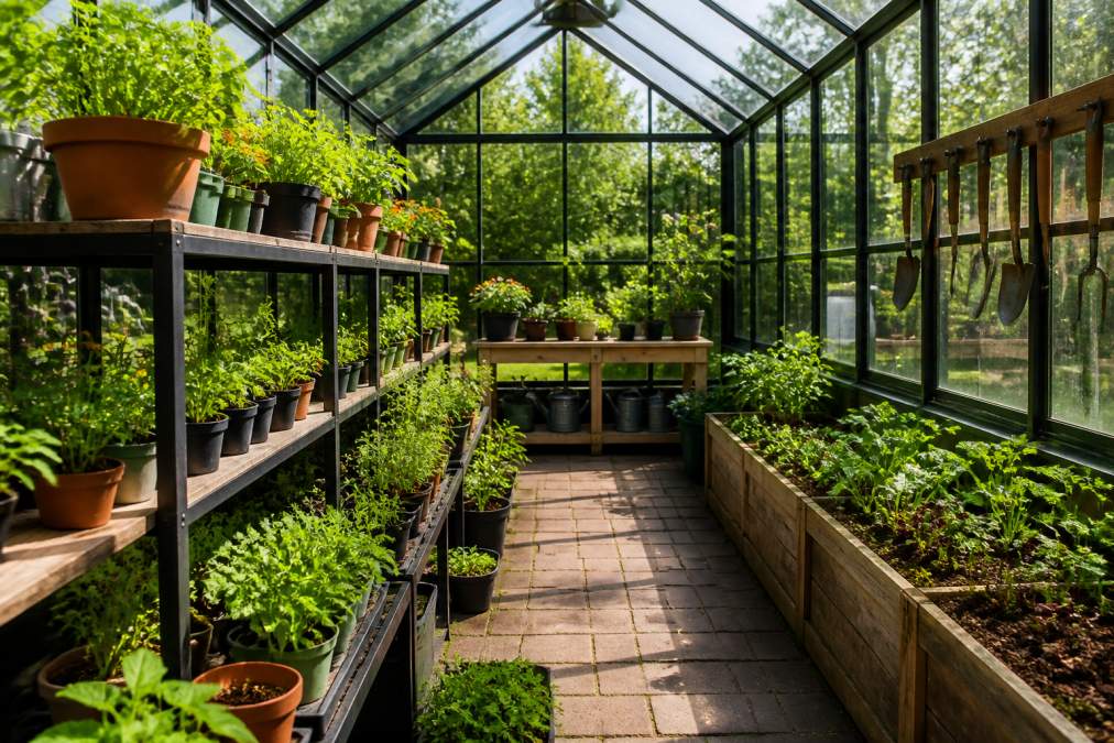 Interior view of a well-organized custom greenhouse with tiered shelving units holding potted plants at varying heights, natural sunlight streaming through glass panels, raised beds along one side with organized garden tools on the wall