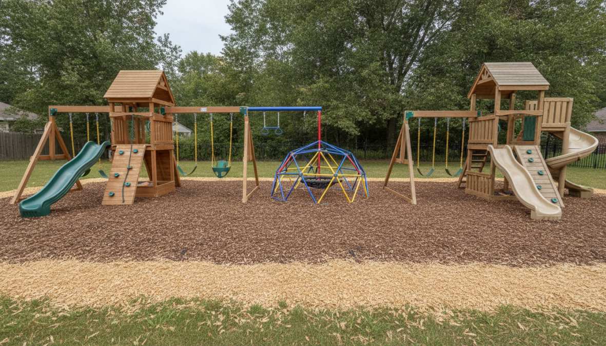 Family with children playing on a well-maintained wooden playset with multiple levels and climbing features in a sunny backyard, with proper safety surfacing visible and green trees in background