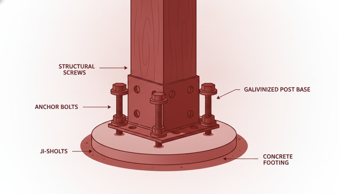 Close-up of a post base being secured to concrete footing with structural screws and galvanized hardware, showing proper installation technique with visible anchor bolts and weatherproofing