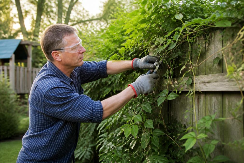 Homeowner wearing work gloves and safety glasses using pruning shears to trim back overgrown shrubs and climbing vines from a wooden fence in a backyard garden, with afternoon sunlight filtering through the foliage