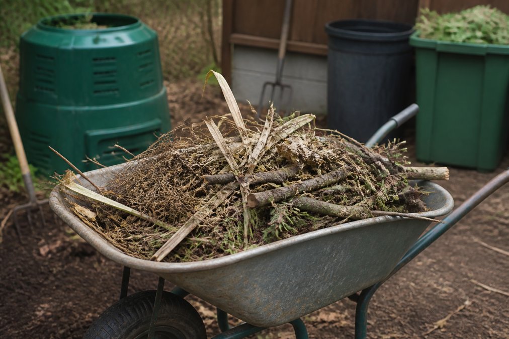 Close-up of sorted garden debris neatly arranged in a metal wheelbarrow with brown branches and dried plant material, with a compost bin and recycling containers visible in the blurred background