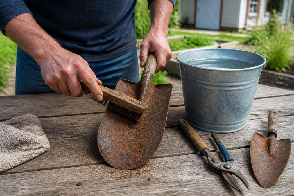 Close-up of hands using a wire brush to remove rust from a garden spade blade, with rust particles visible and a bucket of water nearby for rinsing