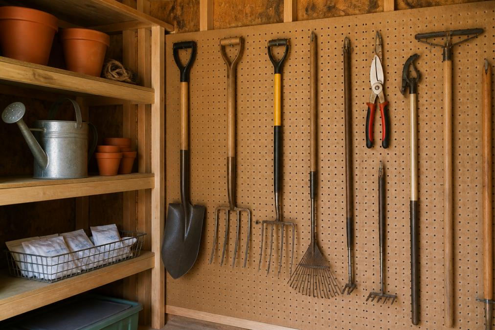 Interior of a well-organized shed with garden tools hanging on a pegboard wall, silica gel packets visible on a shelf, and tools spaced apart to allow air circulation