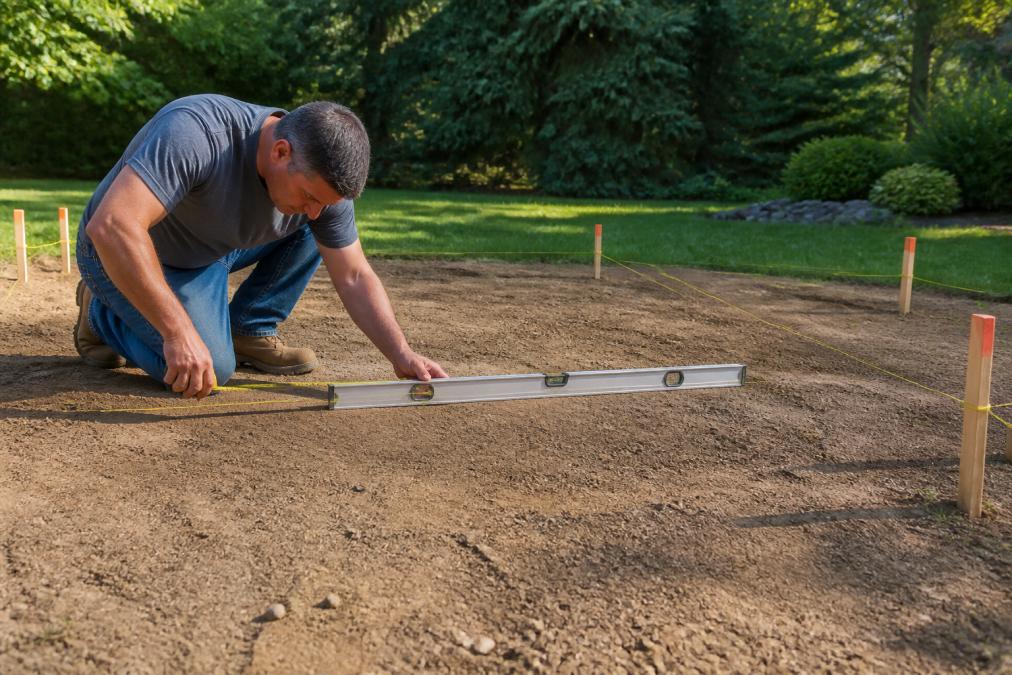 Homeowner using a long level and measuring tape on bare soil to check yard levelness, with marked stakes and string lines visible in the background showing the gazebo footprint