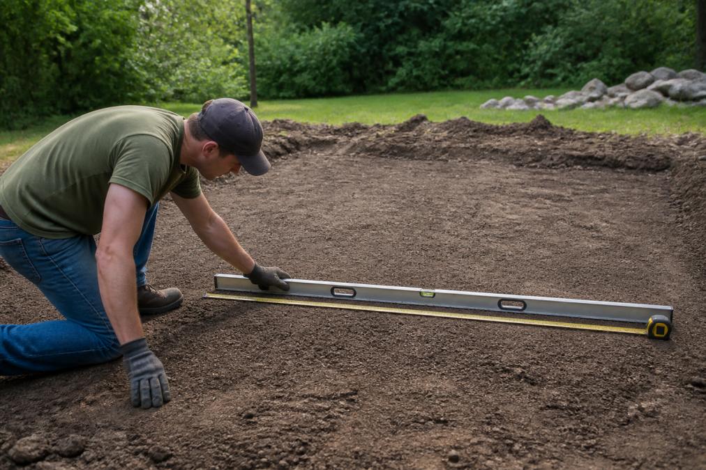 Homeowner using a long level and measuring tape on freshly prepared yard soil, checking grade evenness with a straight board laid across the ground, natural daylight