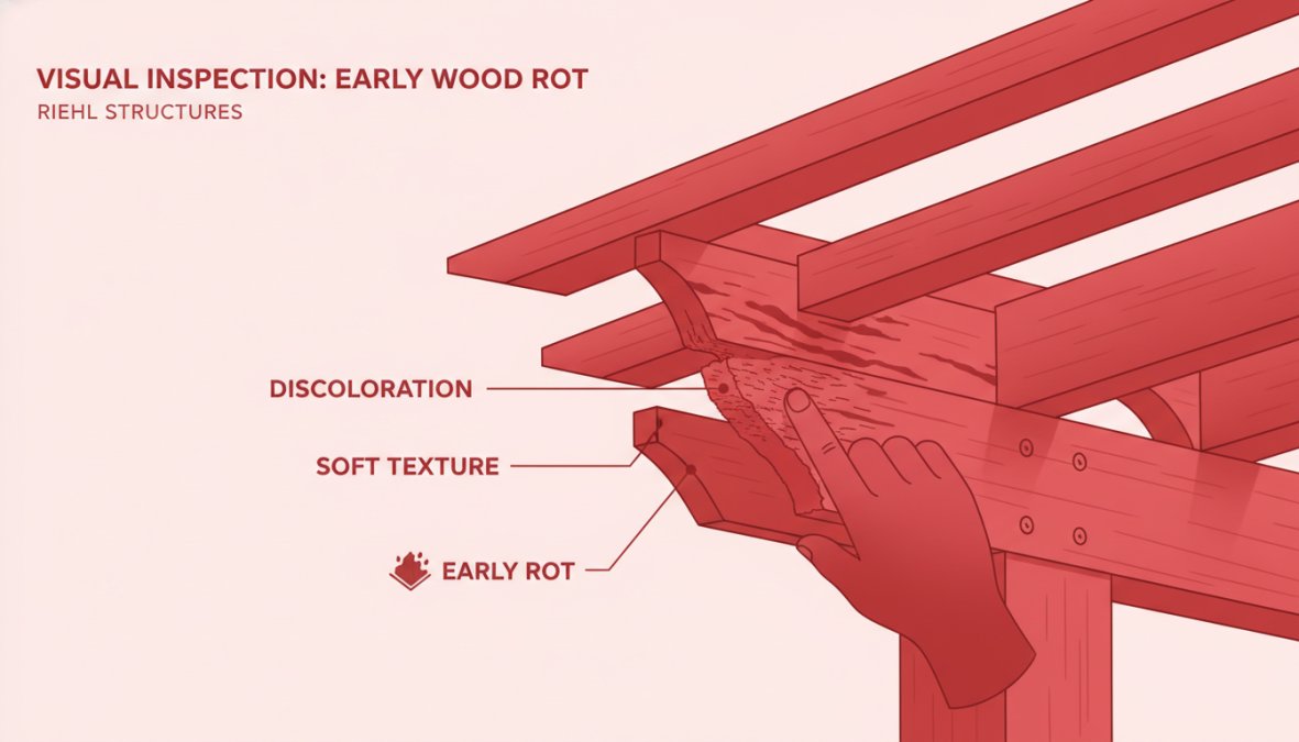 Close-up of a wooden pergola beam showing dark discoloration and soft wood texture where a hand points to affected area with visible early rot patterns