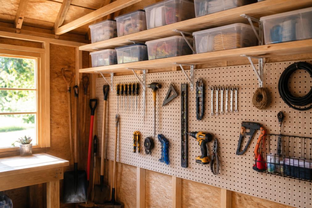 Well-organized shed interior with wall-mounted pegboards displaying hand tools and small equipment, floating shelves above holding clear storage bins with supplies, demonstrating vertical storage efficiency with natural light from window