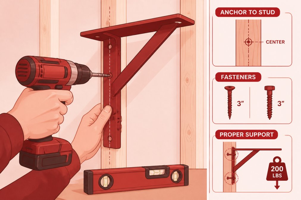 Close-up of hands installing heavy-duty shelf brackets to shed wall studs using power drill with fasteners visible, showing proper anchoring technique with level tool nearby