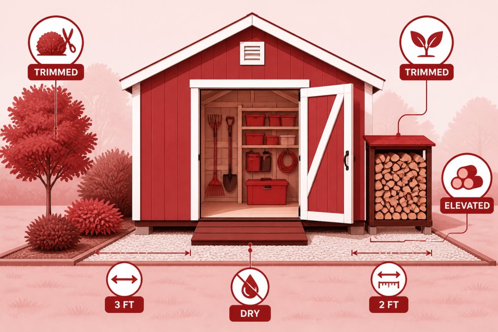 Exterior view of a well-maintained storage shed with trimmed vegetation, clear perimeter space, organized firewood stacked on the right side, and the open door showing clean interior organization