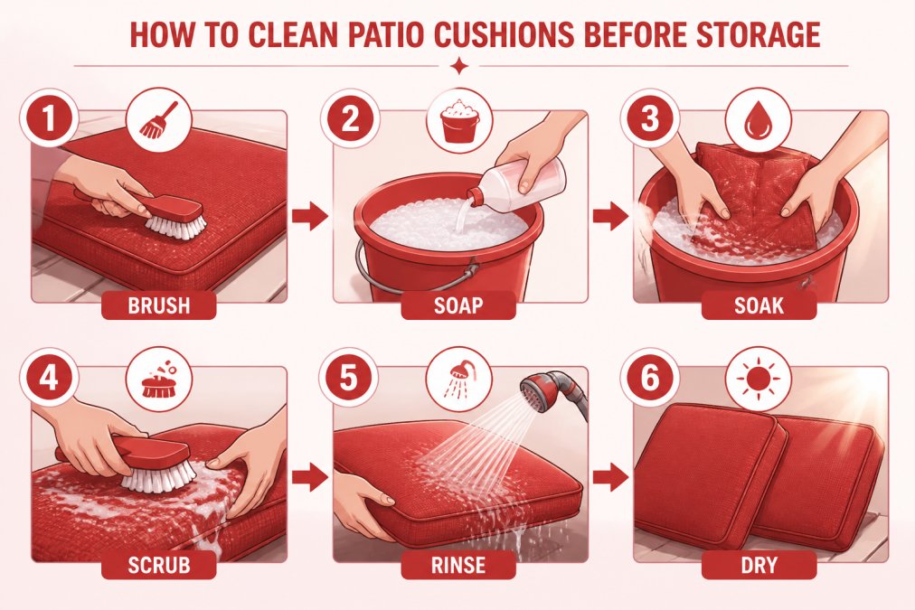Close-up of hands washing outdoor cushion fabric with mild soap and water in a bucket, showing the cleaning process in action with sunlight reflecting off the water