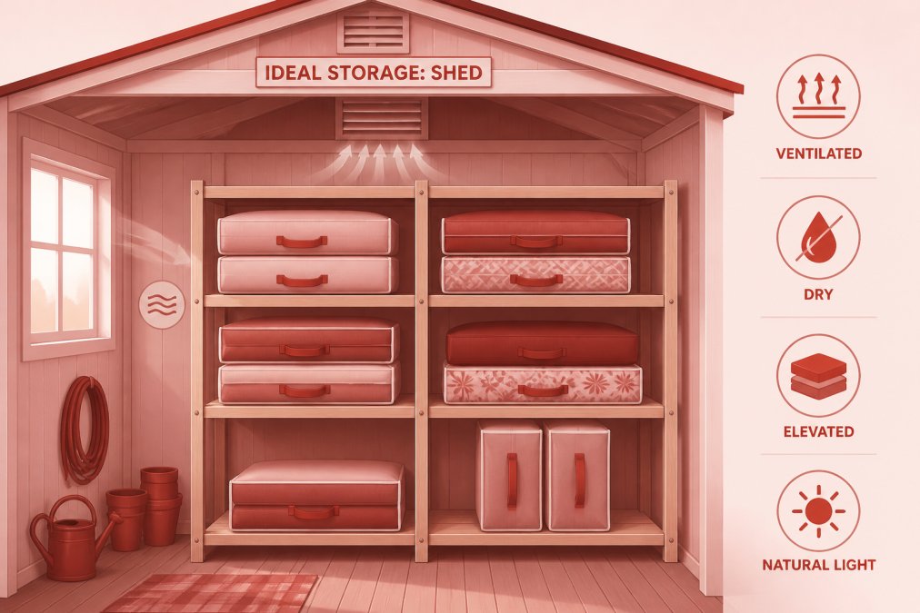 Organized storage shed interior with outdoor cushions neatly stacked on wooden shelves with breathable fabric covers, showing proper ventilation and dry conditions with natural light from a window