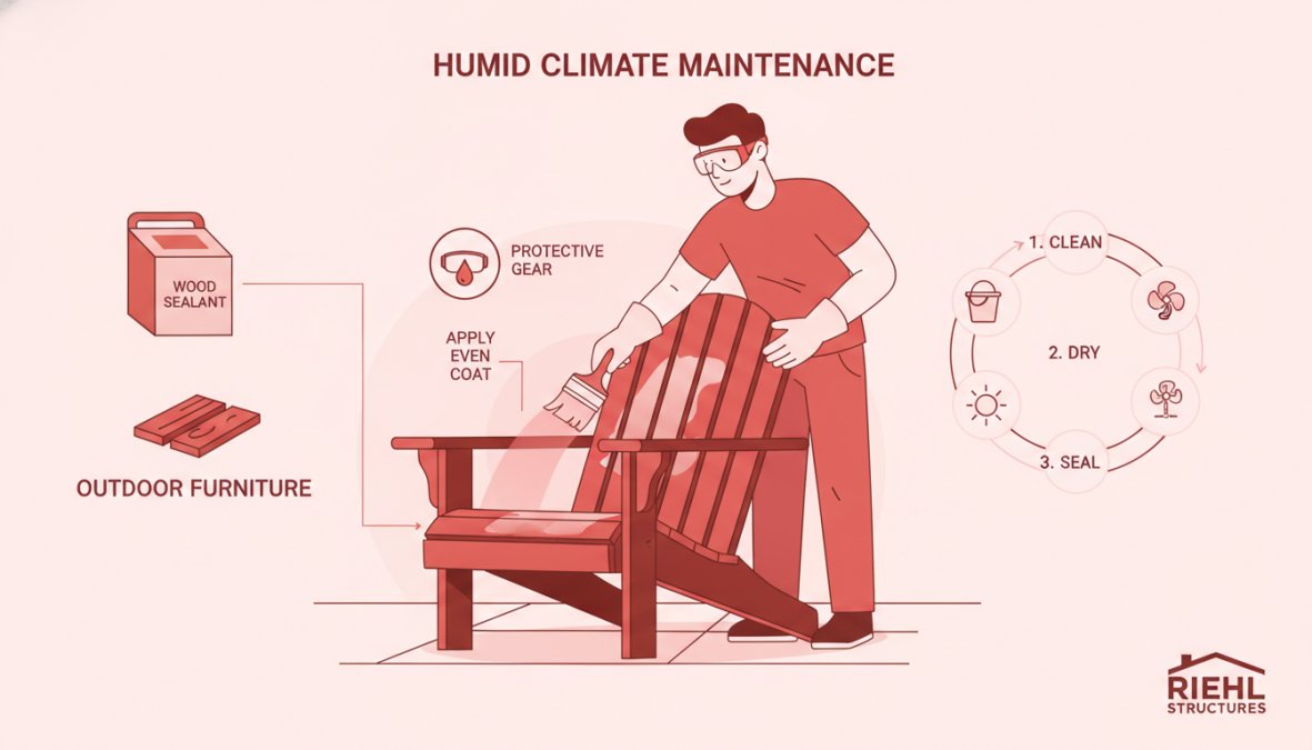 Person applying protective wood sealant with a brush to outdoor wooden furniture on a patio, showing proper technique and protective gloves in humid weather