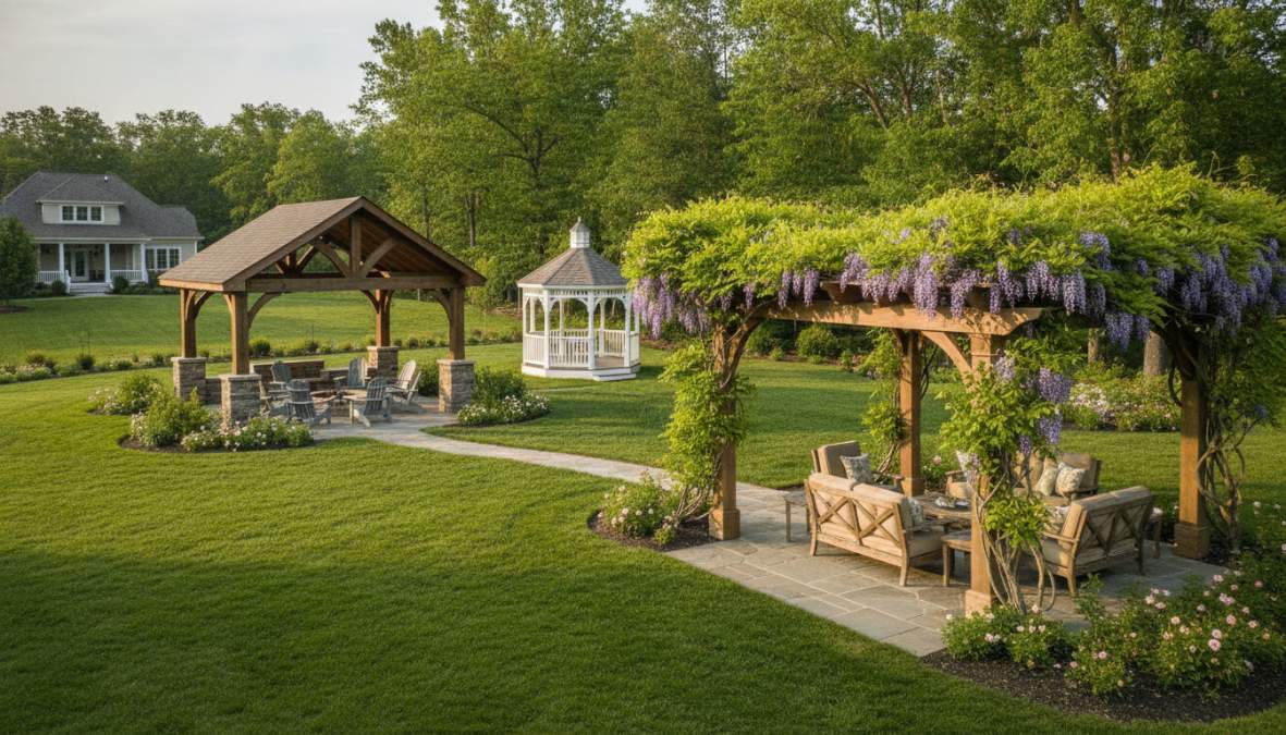 Professional illustration showing outdoor living structures